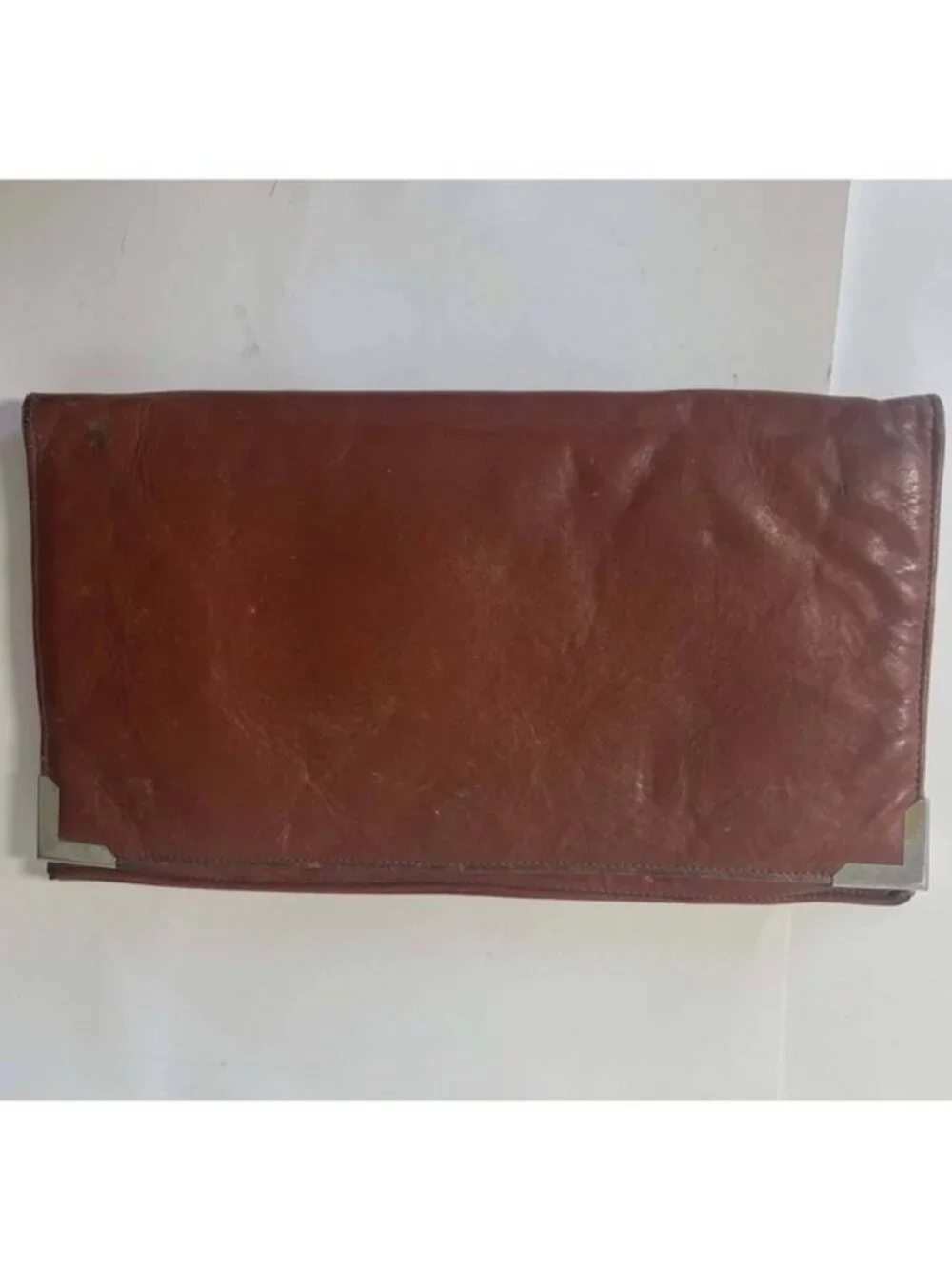 Vintage 70s‎ Brown Leather Envelope Clutch Bag Silver Corner Metal Trim Cognac